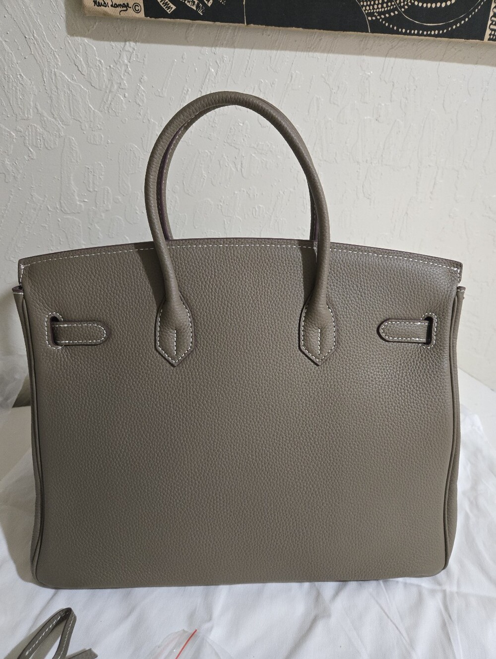 Taupe Leather Top-Handle Tote Bag with Gold Hardware - Picture 2 of 6